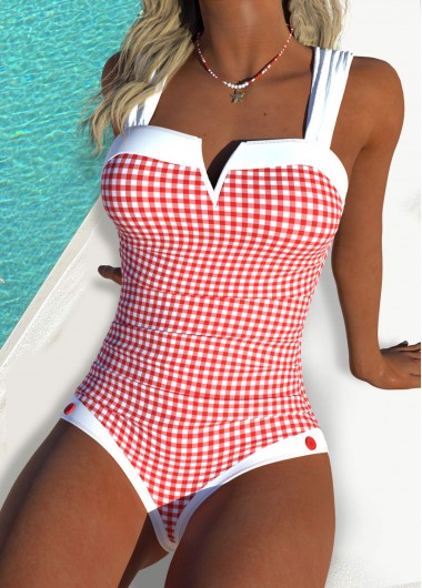 women clothes image of Red Plaid Bandeau One Piece Swimwear
