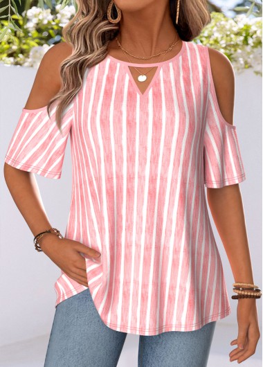 women clothes image of Light Pink Striped Belted Half Sleeve T Shirt