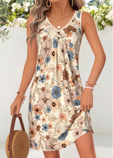 women clothes image of Beige Floral Print Short Shirred Sleeveless V Neck Dress