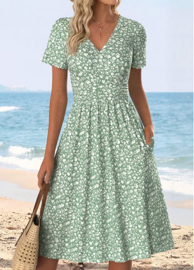 women clothes image of Light Green Ditsy Floral Print Surplice Short Sleeve Dress