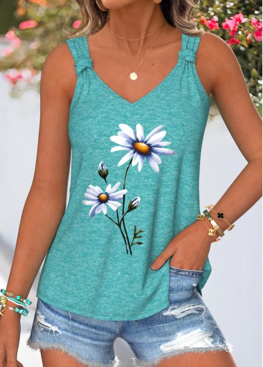 women clothes image of Cyan Floral Print Tie Sleeveless V Neck Tank Top