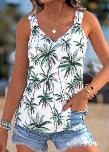 women clothes image of Green Tropical Plants Print Tie Sleeveless Tank Top