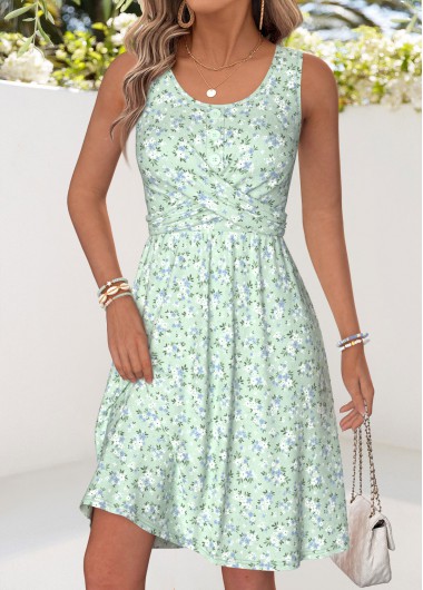 women clothes image of Light Green Ditsy Floral Print Criss Cross Sleeveless Dress
