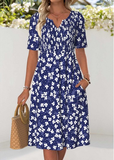 women clothes image of Navy Floral Print Smocked Short Sleeve Split Neck Dress