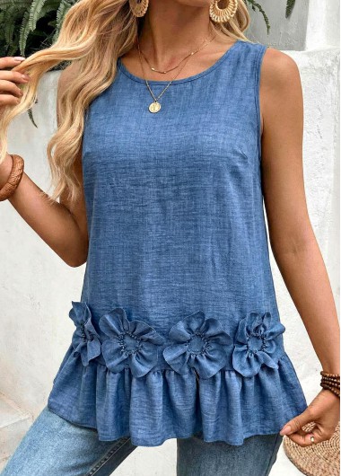 women clothes image of Denim Blue Patchwork Sleeveless Round Neck Tank Top