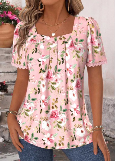 women clothes image of Light Pink Floral Print Pleated Short Sleeve T Shirt