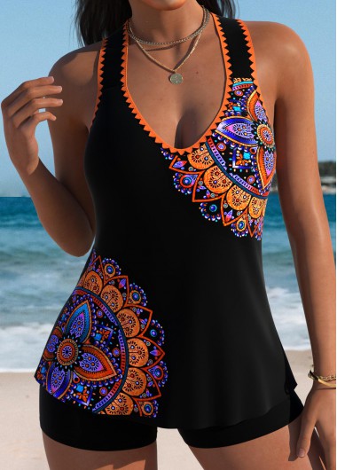 women clothes image of Black Mid Waisted Tummy Coverage Tribal Print Tankini Set