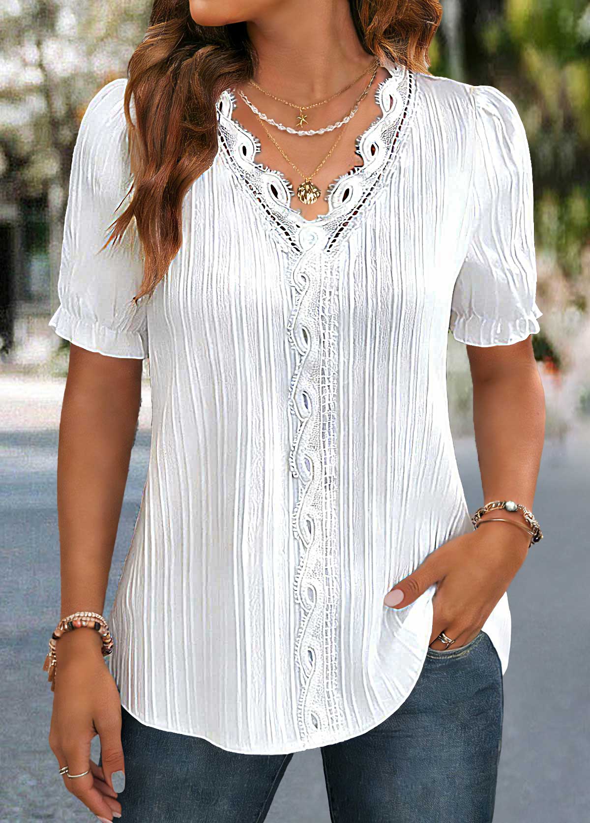 White Lace Short Sleeve V Neck Blouse | picture 