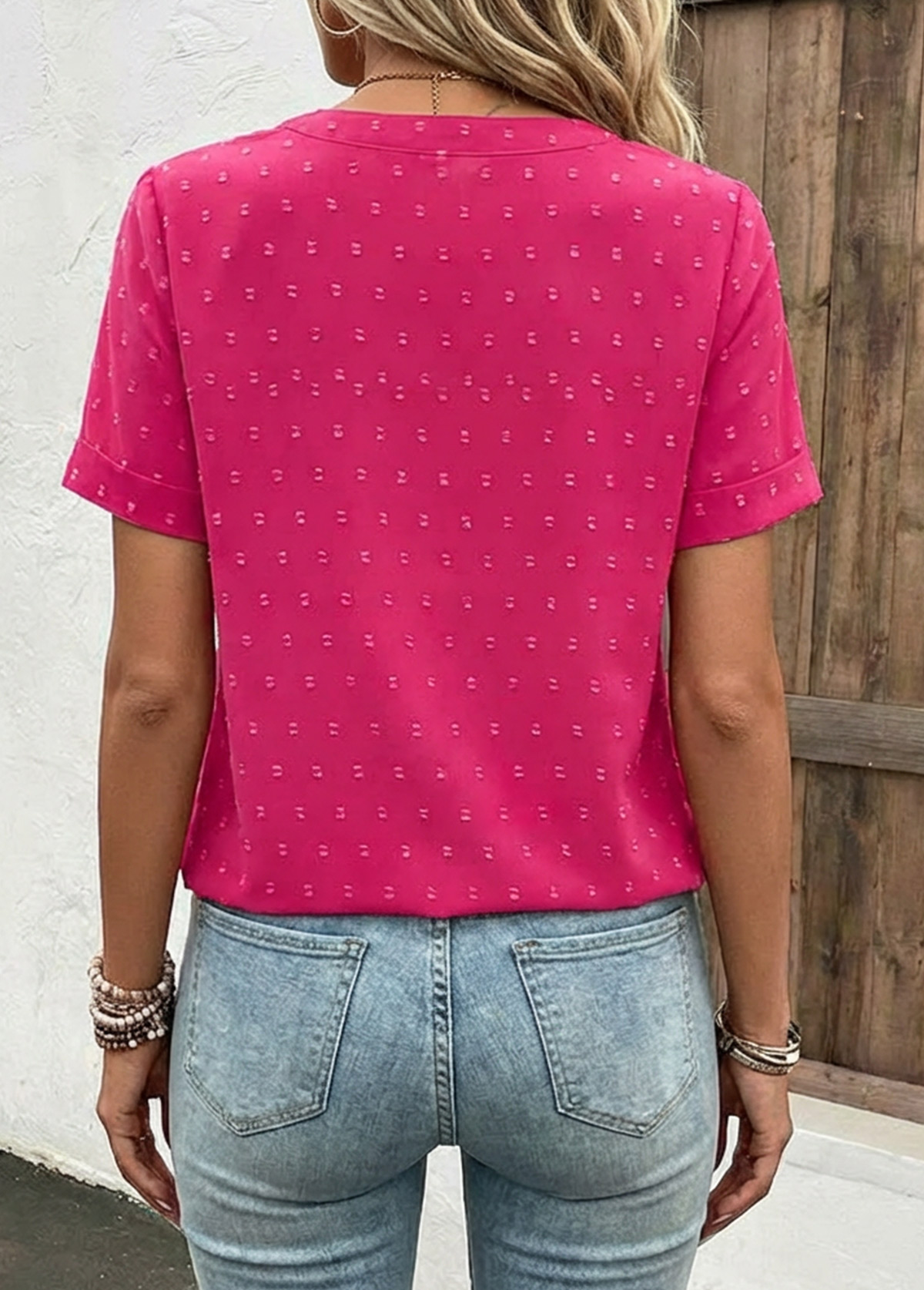 Hot Pink Button Short Sleeve Split Neck Blouse | picture 