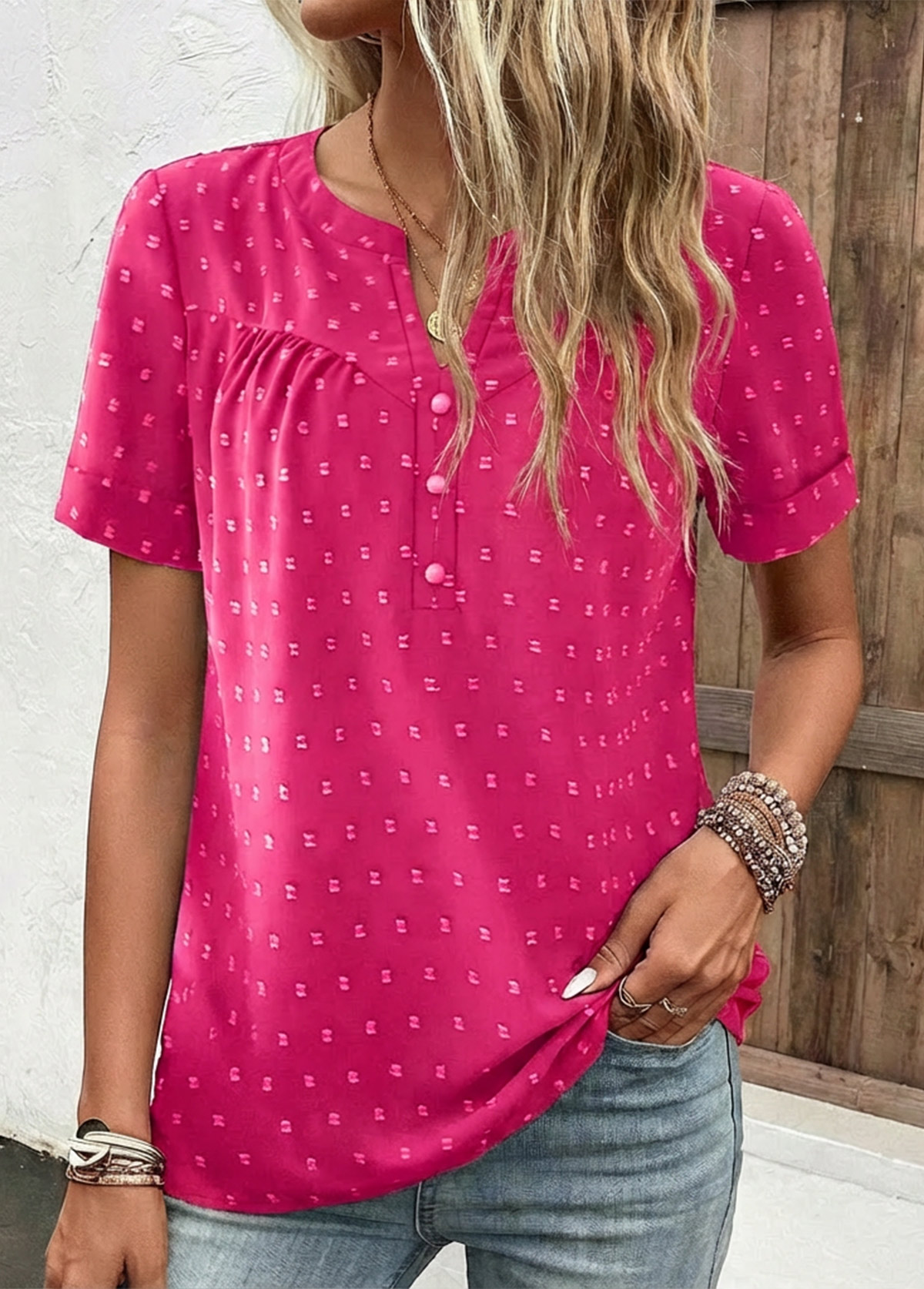 Hot Pink Button Short Sleeve Split Neck Blouse | picture 