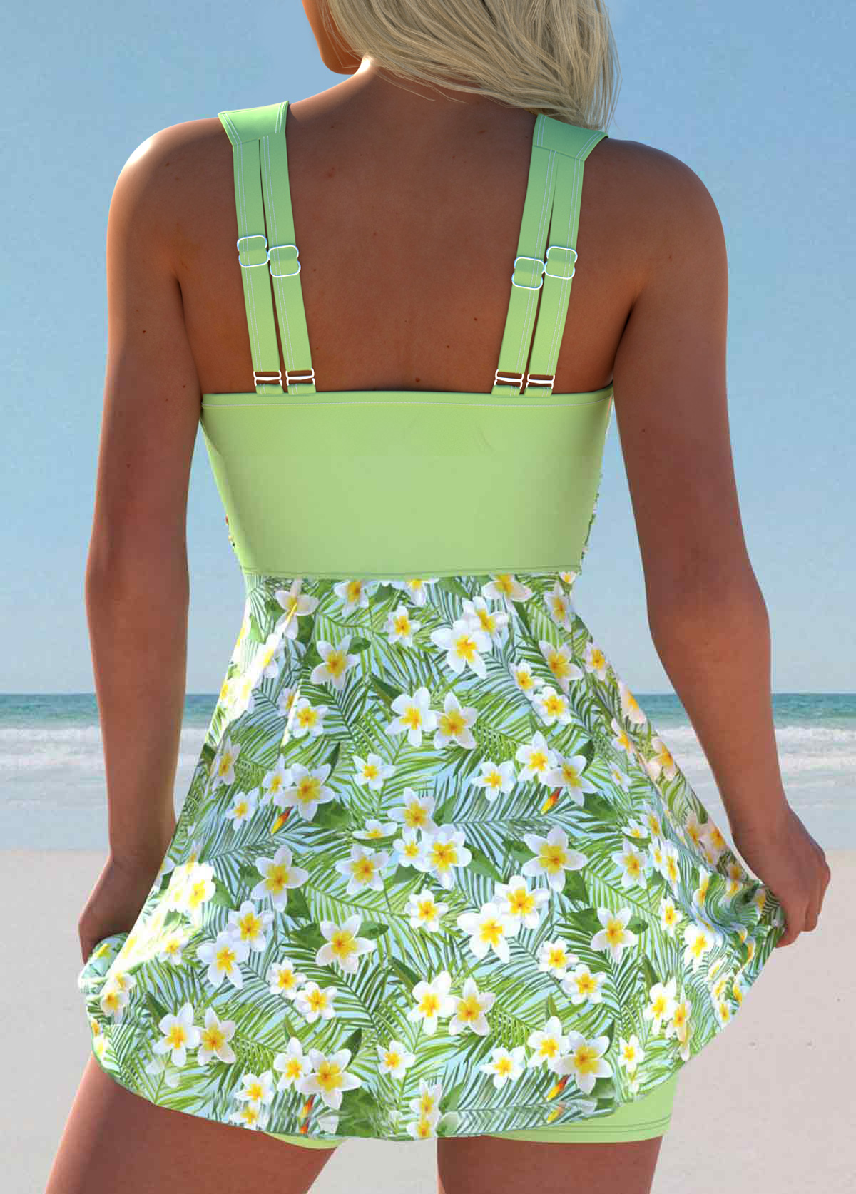 Surplice Mid Waisted Floral Print Light Green Tankini Set | picture 