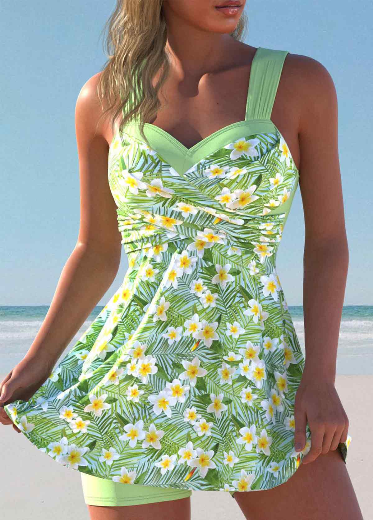 Surplice Mid Waisted Floral Print Light Green Tankini Set | picture 