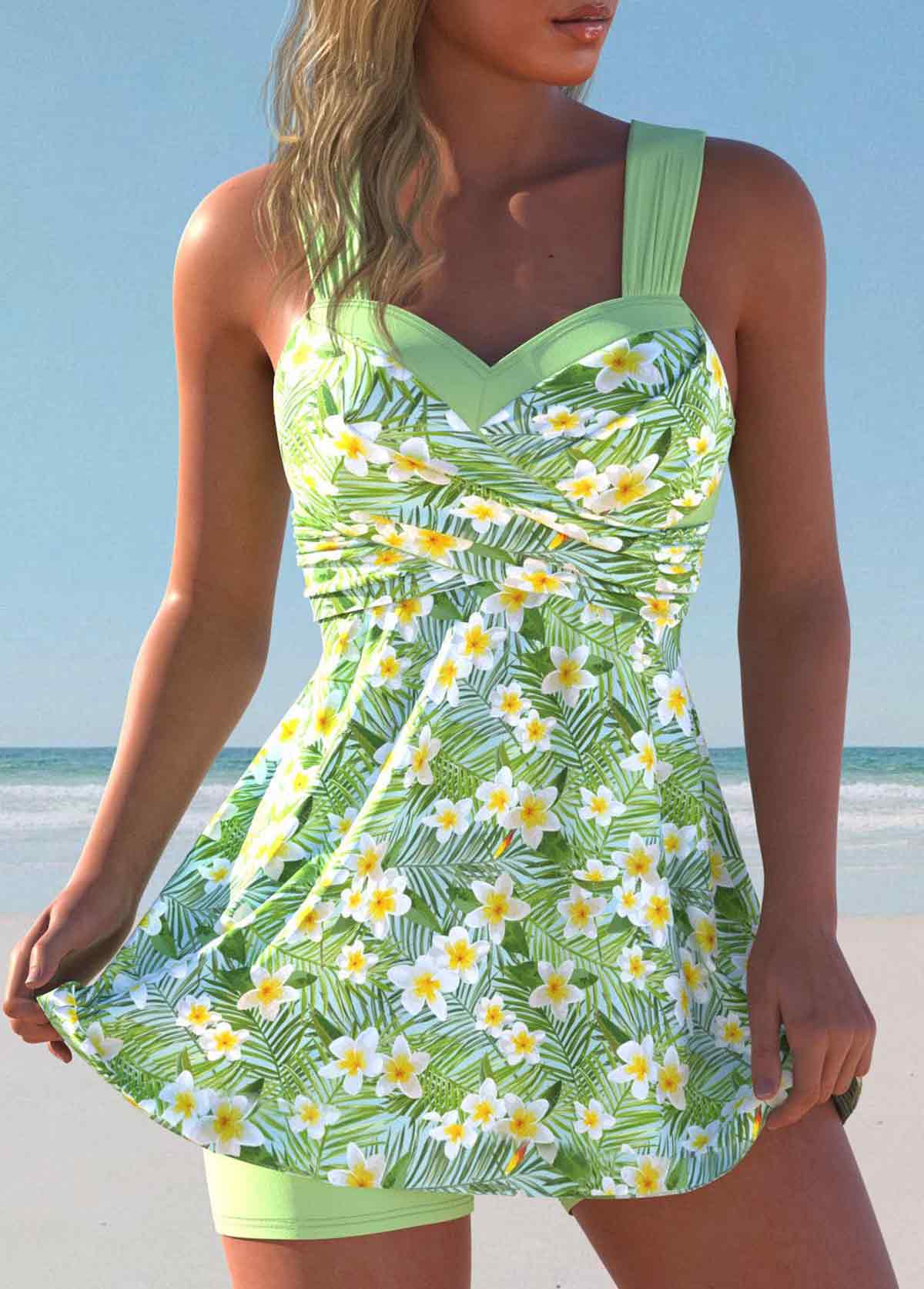 Surplice Mid Waisted Floral Print Light Green Tankini Set | picture 
