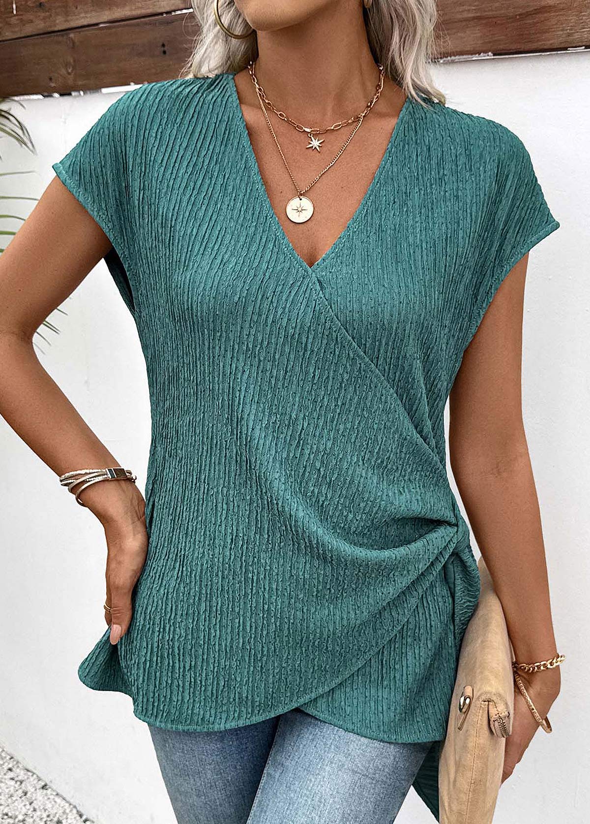 Mint Green Peplum Short Sleeve V Neck T Shirt | picture 