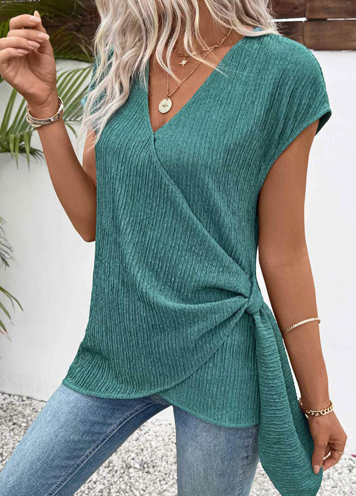 Mint Green Peplum Short Sleeve V Neck T Shirt | picture 
