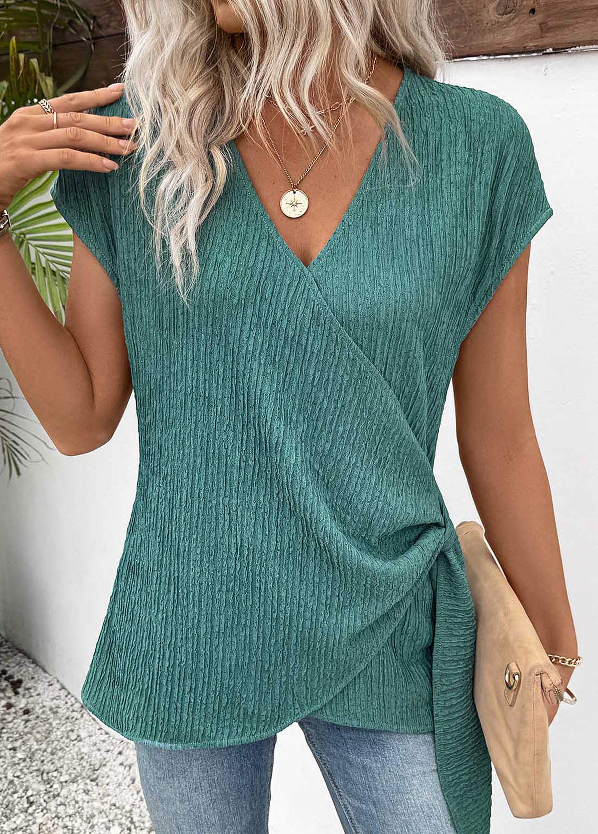 Mint Green Peplum Short Sleeve V Neck T Shirt | picture 