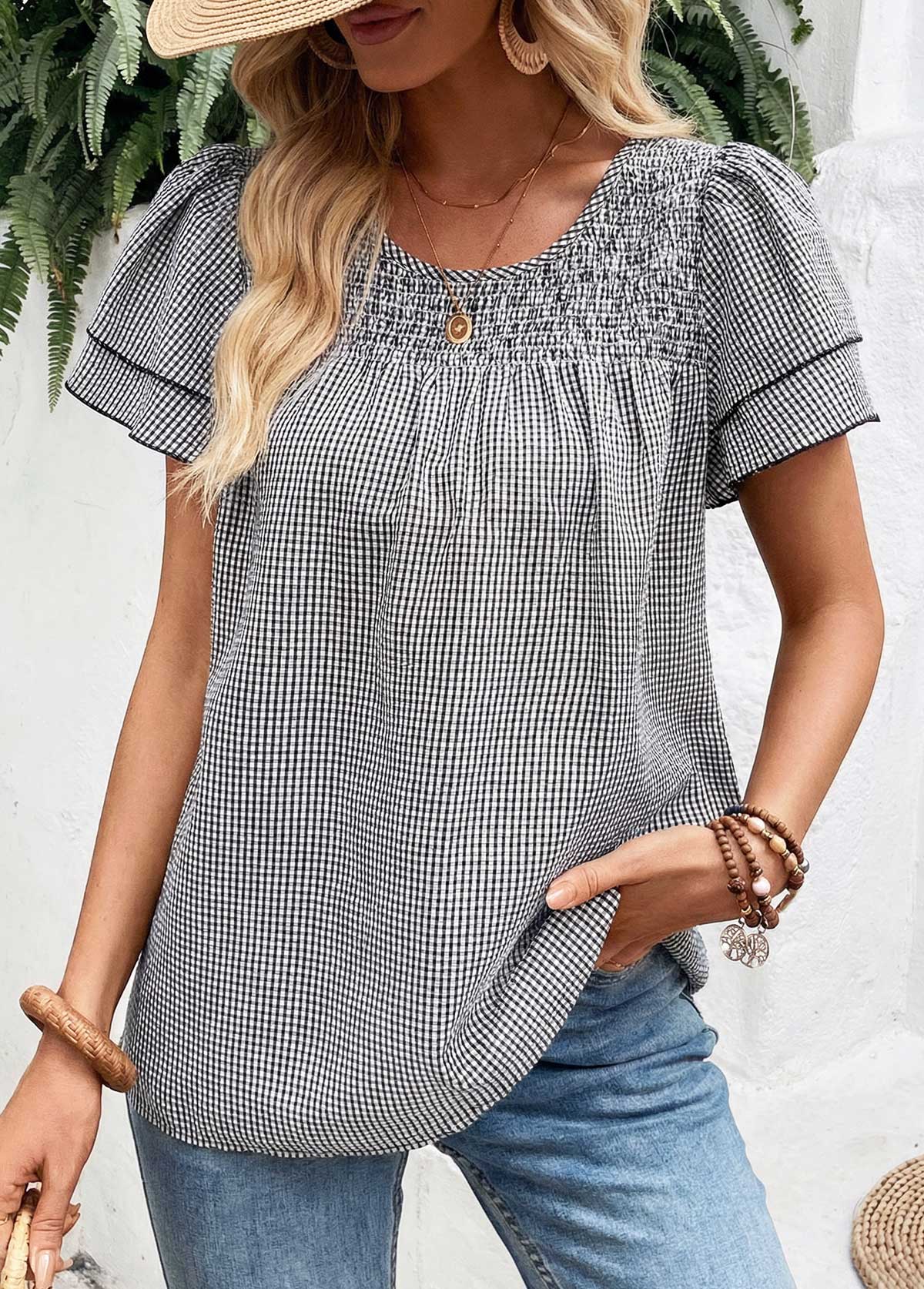Black Plaid Tummy Coverage Short Sleeve T Shirt | picture 
