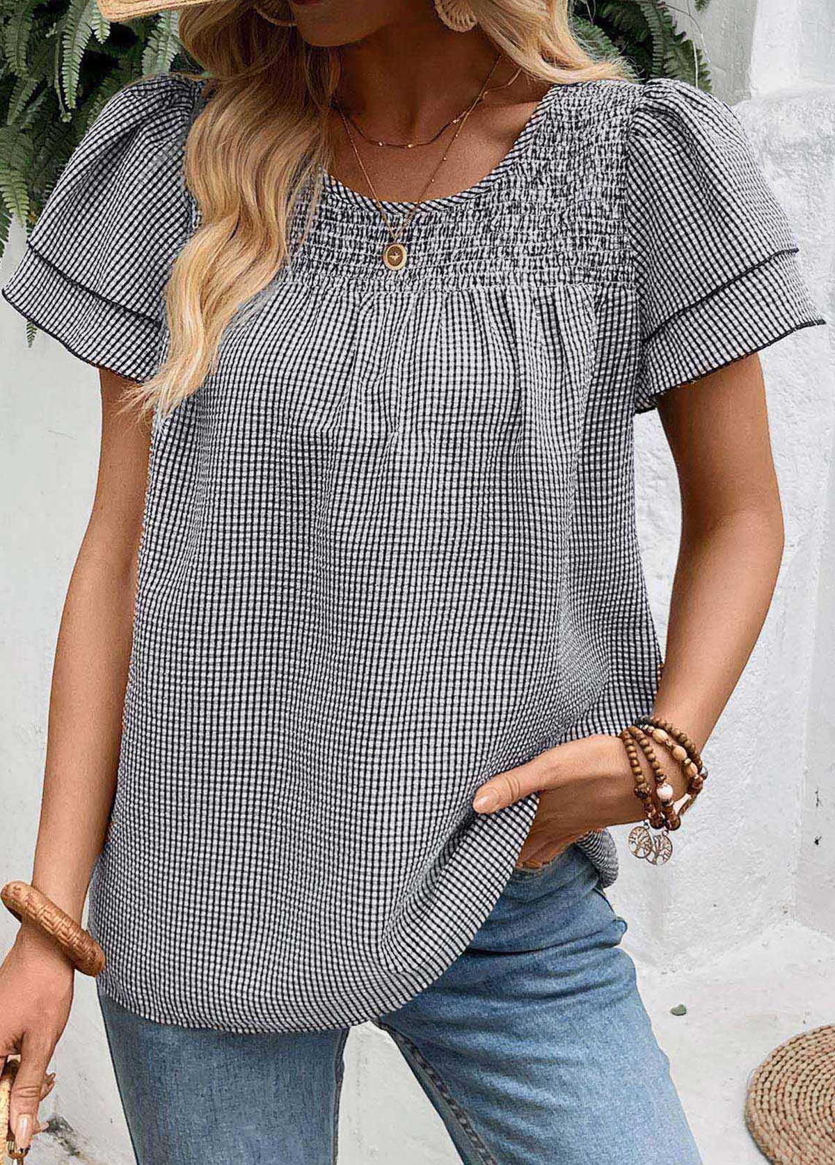 Black Plaid Tummy Coverage Short Sleeve T Shirt | picture 