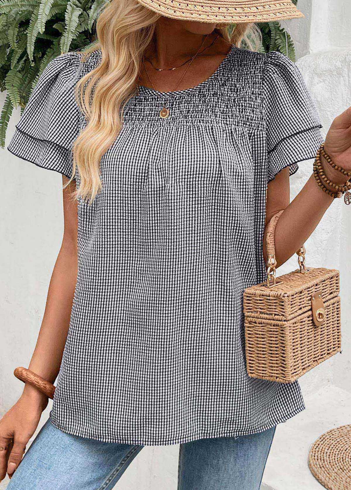 Black Plaid Tummy Coverage Short Sleeve T Shirt | picture 