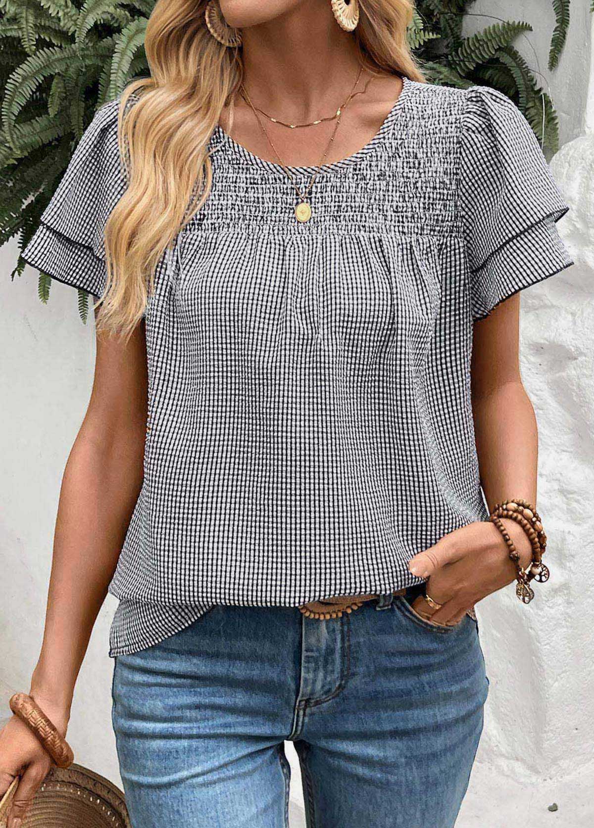Black Plaid Tummy Coverage Short Sleeve T Shirt | picture 