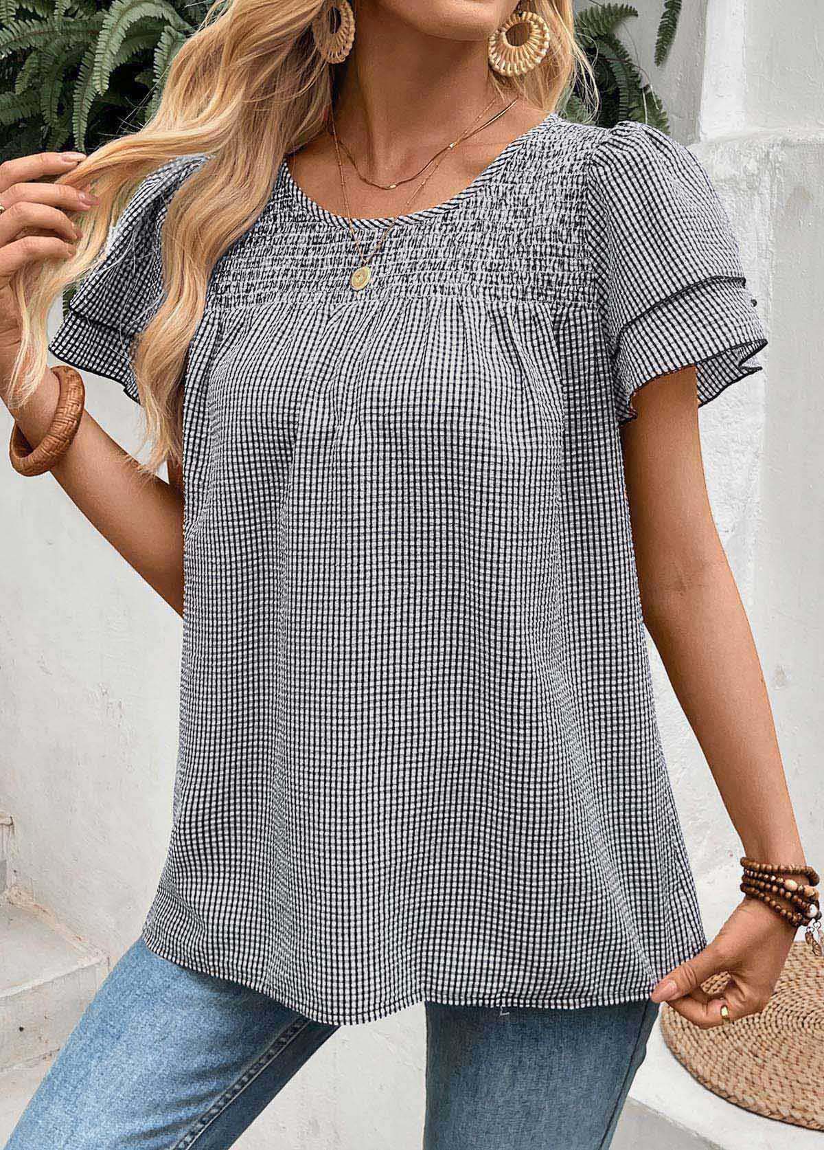 Black Plaid Tummy Coverage Short Sleeve T Shirt | picture 