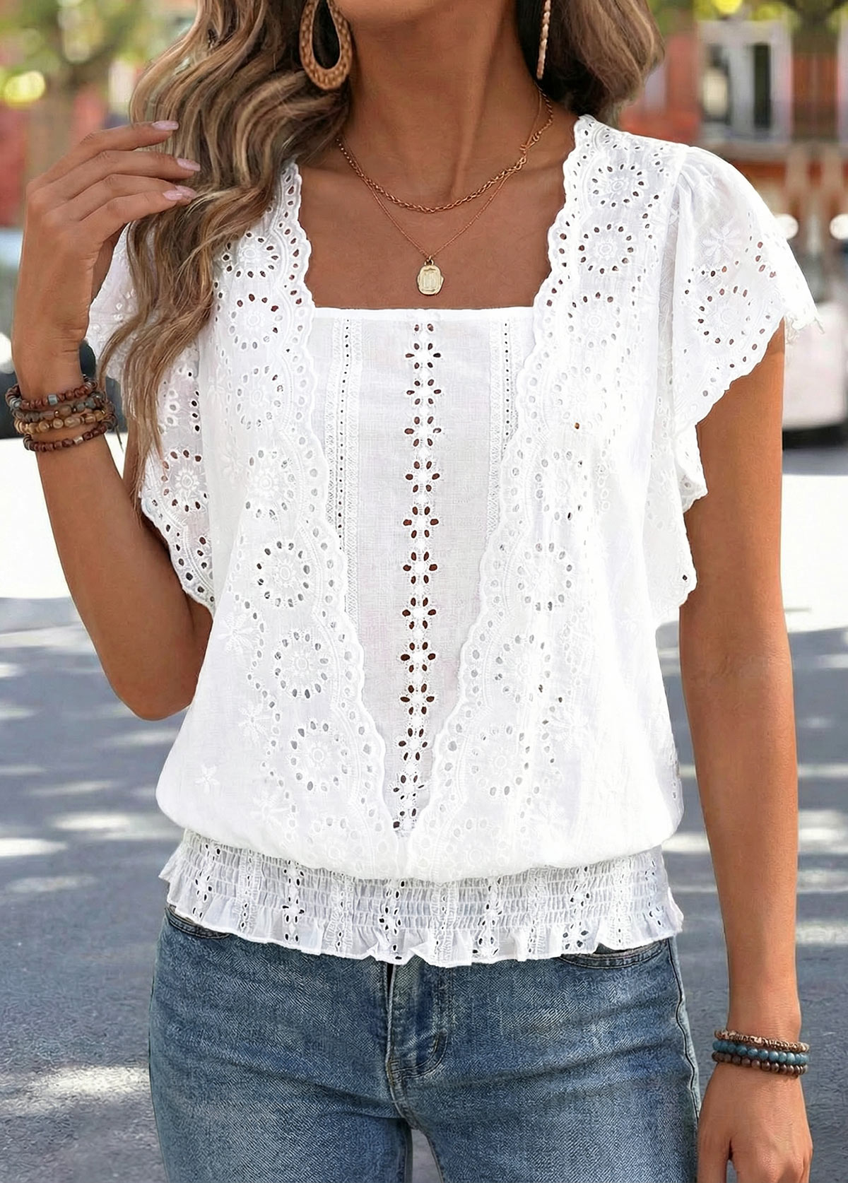 Raw White Layered Short Sleeve Square Neck Blouse | picture 