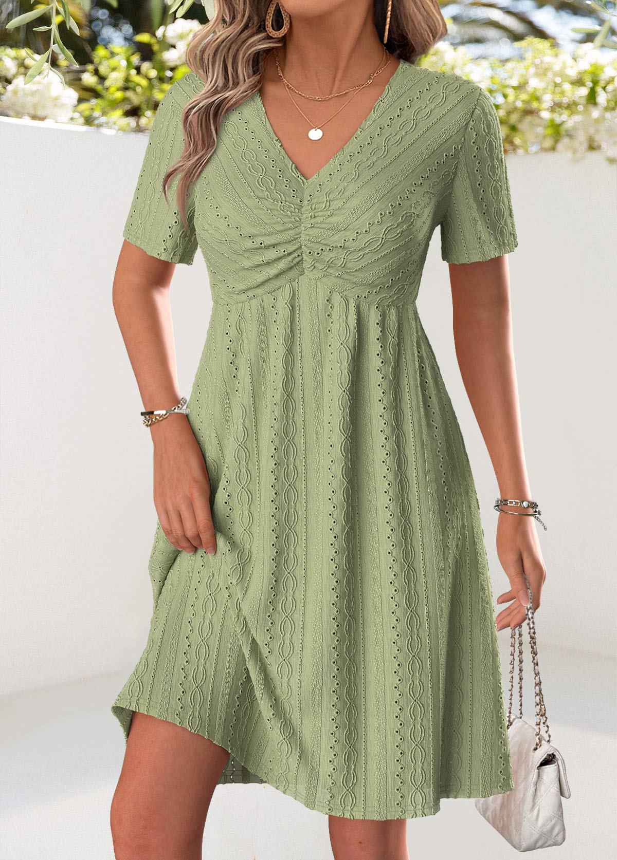 Sage Green V Neck Short Sleeve Lace Dress - Casual Everyday