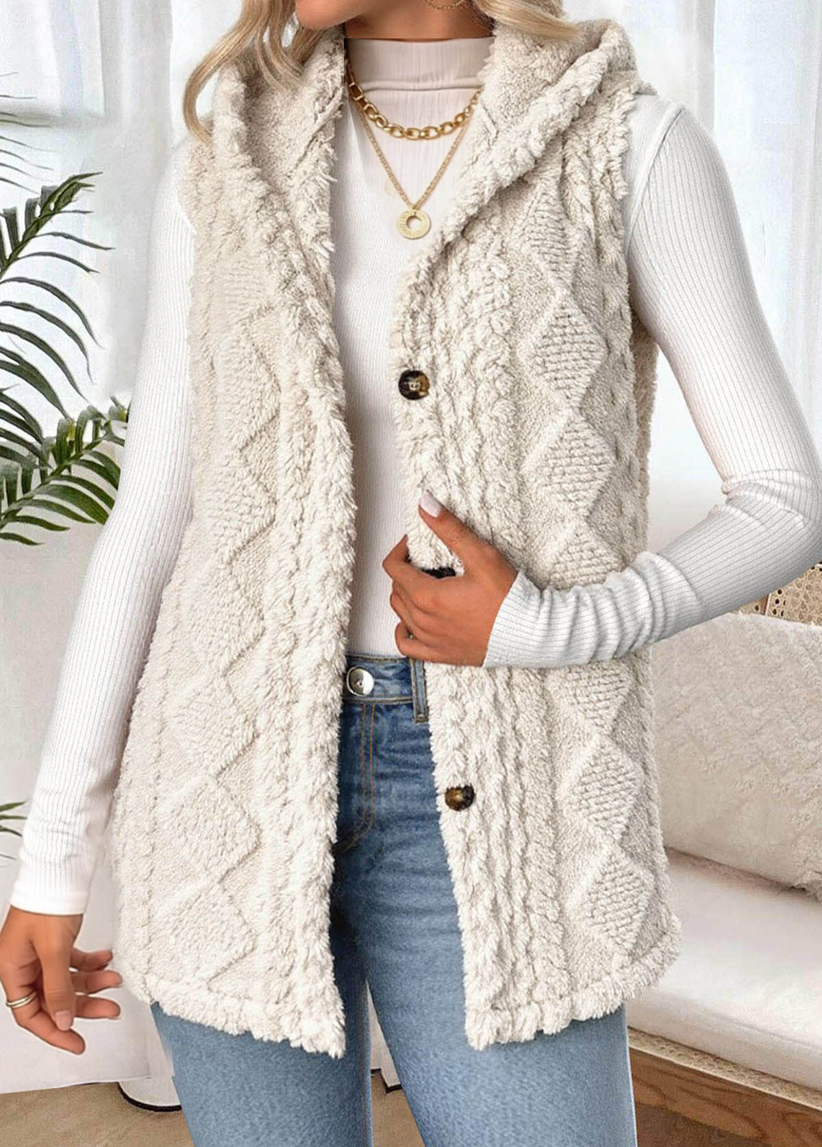 Beige Tummy Coverage Sleeveless Hooded Waistcoat | picture 