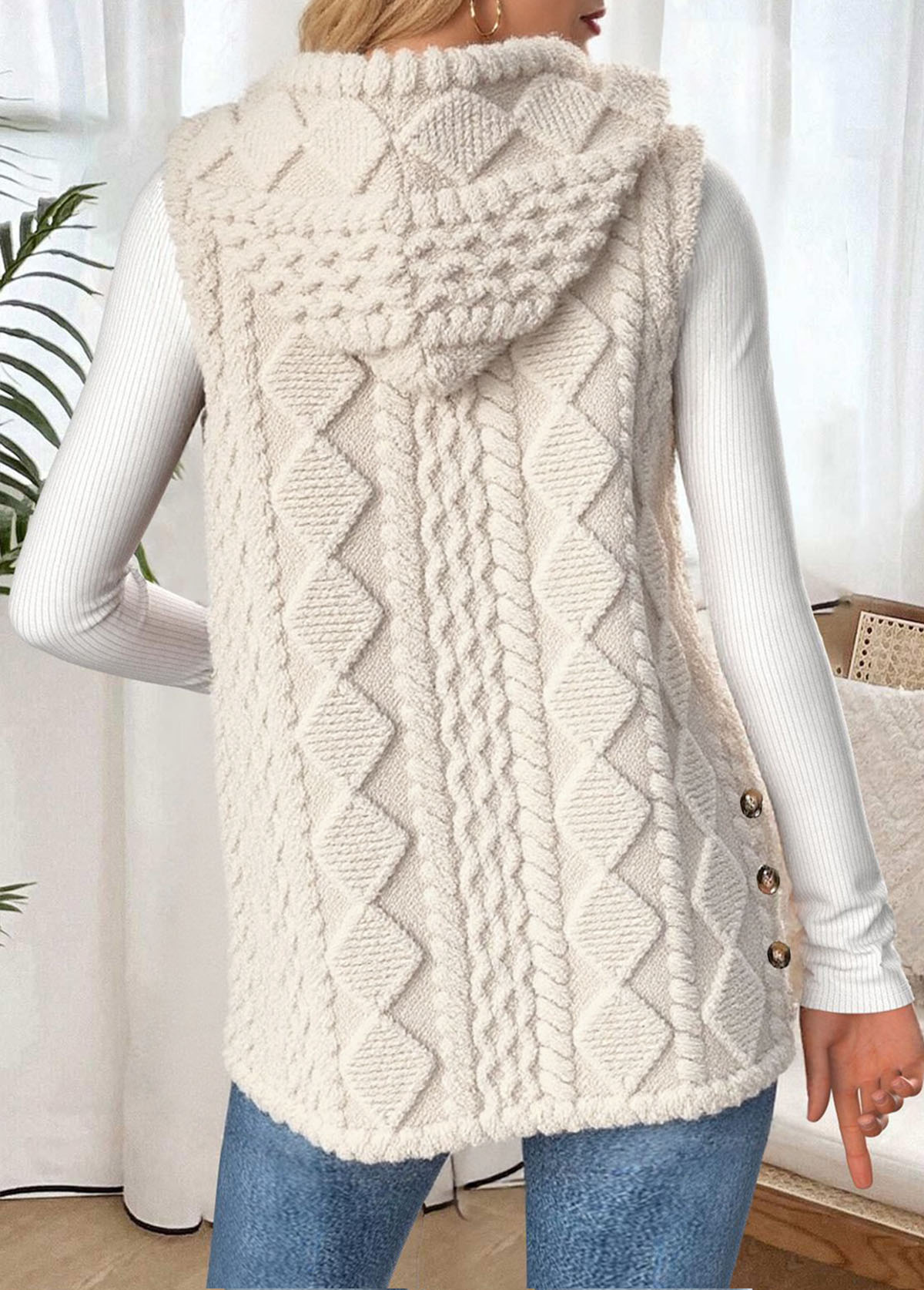 Beige Tummy Coverage Sleeveless Hooded Waistcoat | picture 