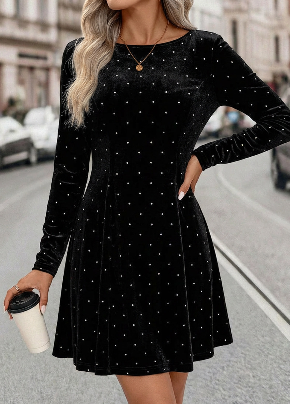 Black Tummy Coverage Short Long Sleeve Boat Neck Dress | picture 