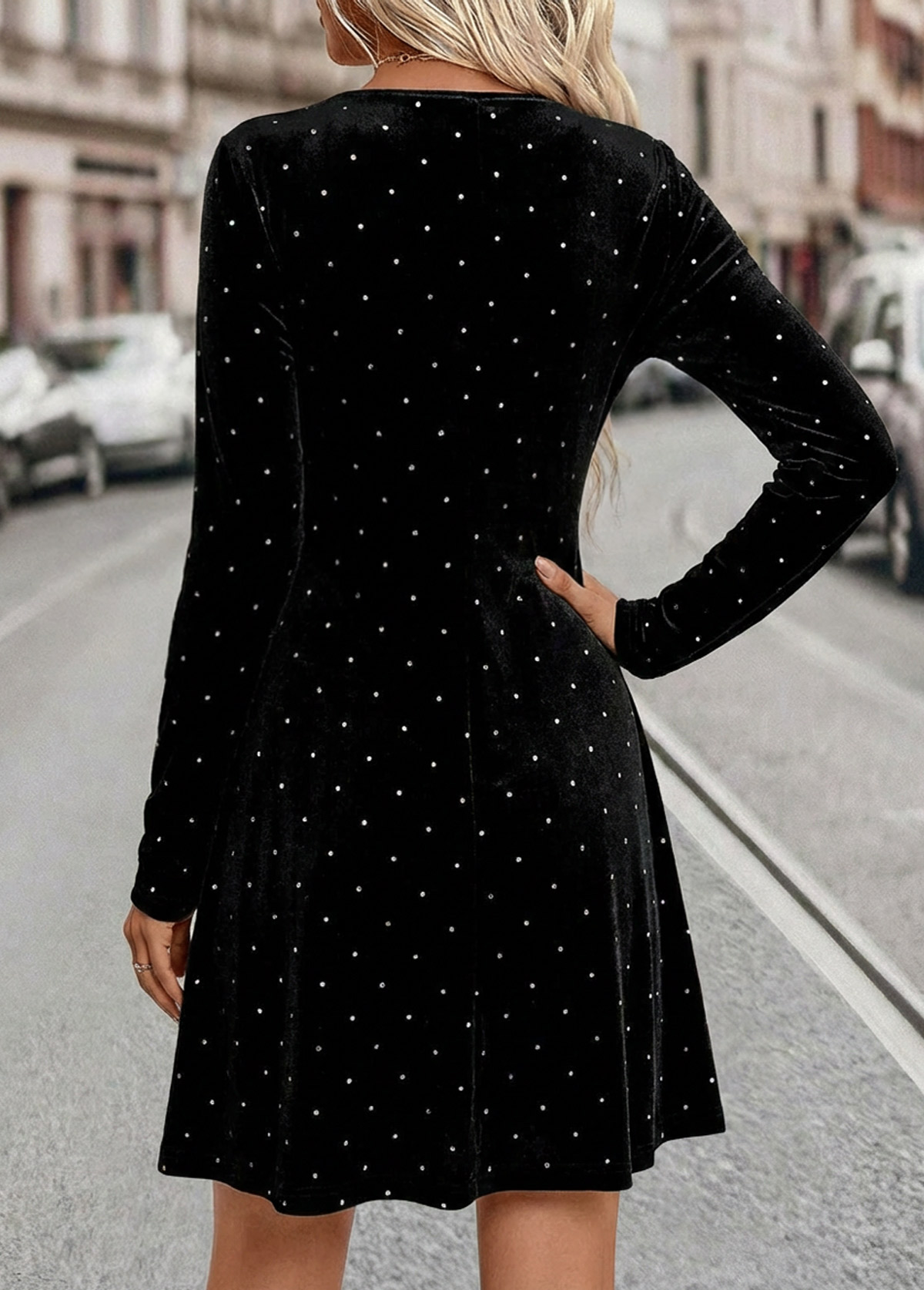 Black Tummy Coverage Short Long Sleeve Boat Neck Dress | picture 