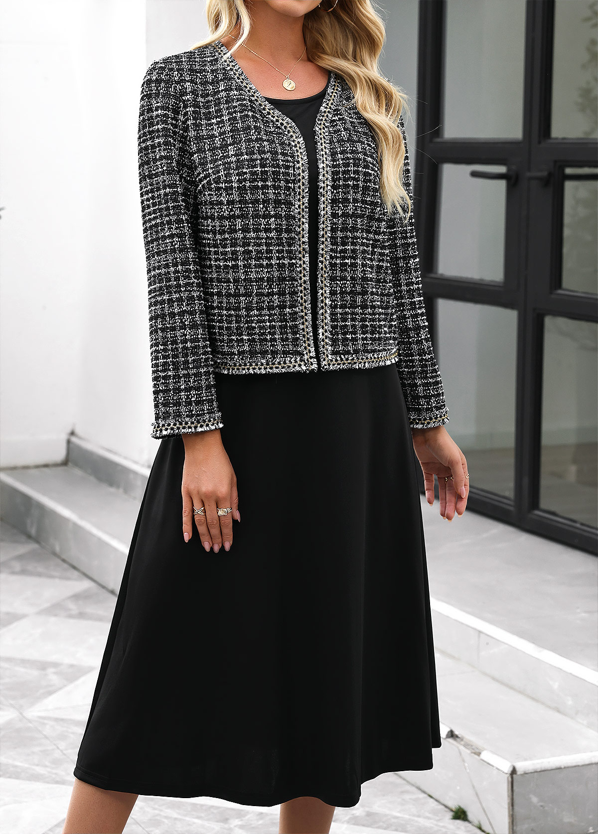 Black Tummy Coverage Plaid Long Sleeve Dress and Cardigan | picture 