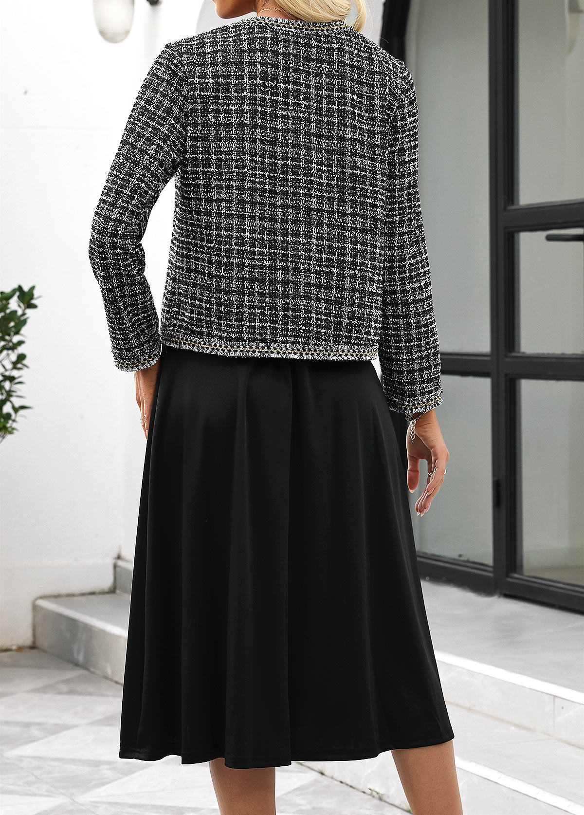 Black Tummy Coverage Plaid Long Sleeve Dress and Cardigan | picture 