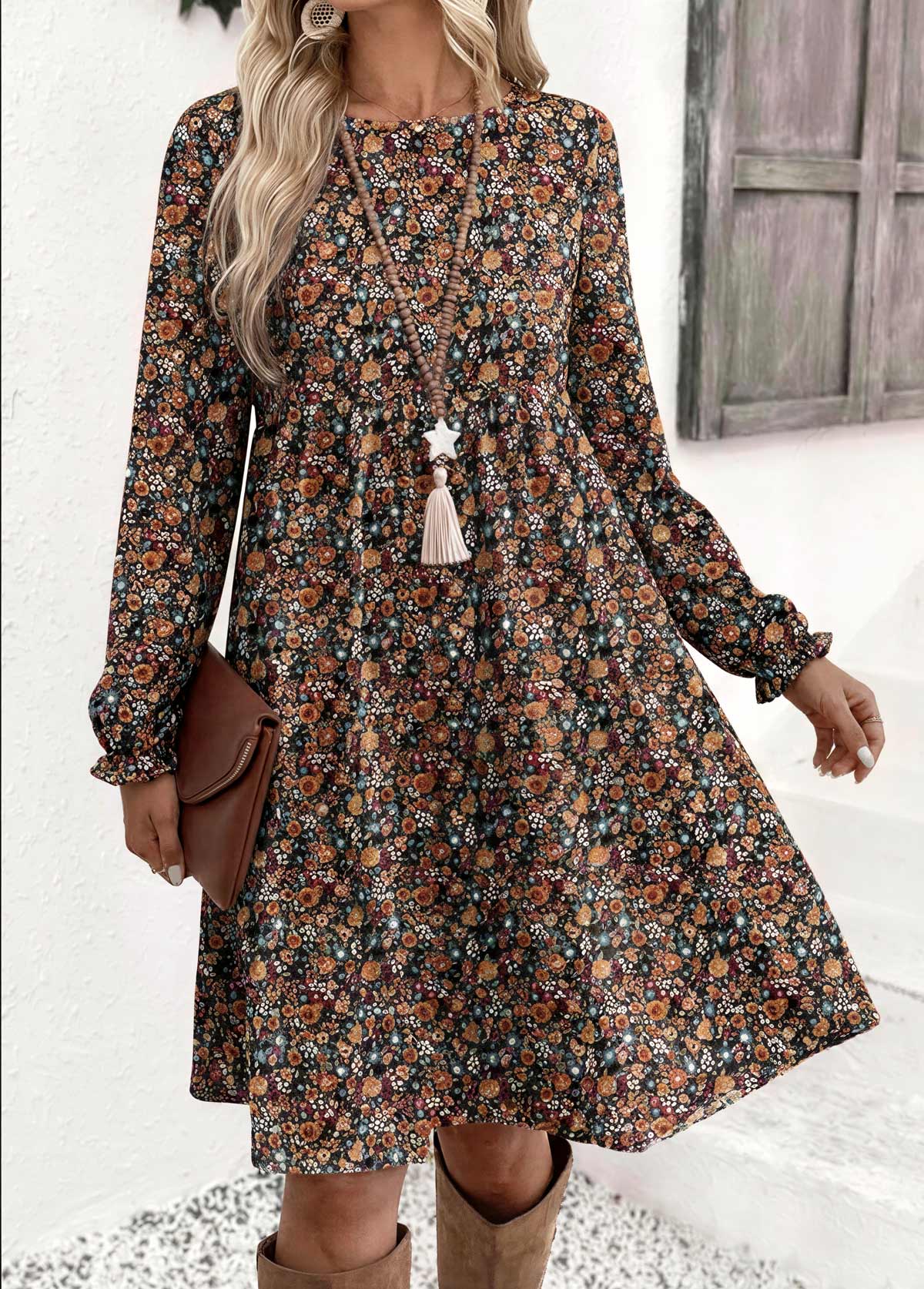 Multi Color Ditsy Floral Print Short Long Sleeve Dress | picture 