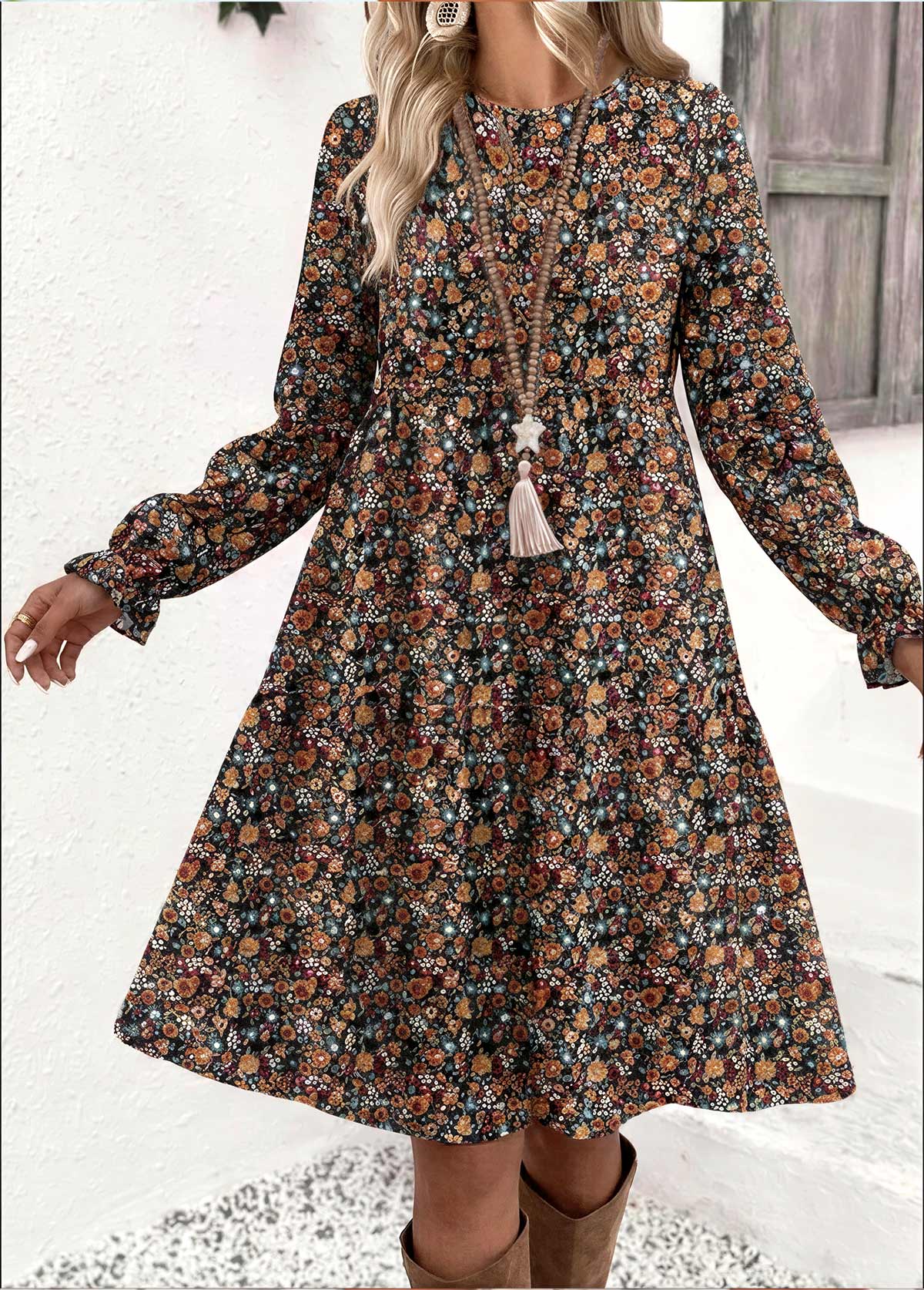 Multi Color Ditsy Floral Print Short Long Sleeve Dress | picture 
