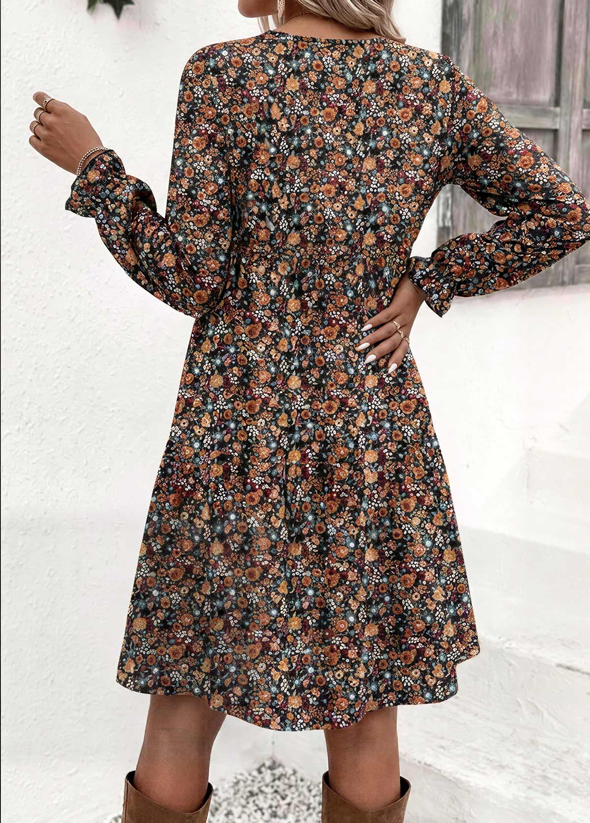 Multi Color Ditsy Floral Print Short Long Sleeve Dress | picture 