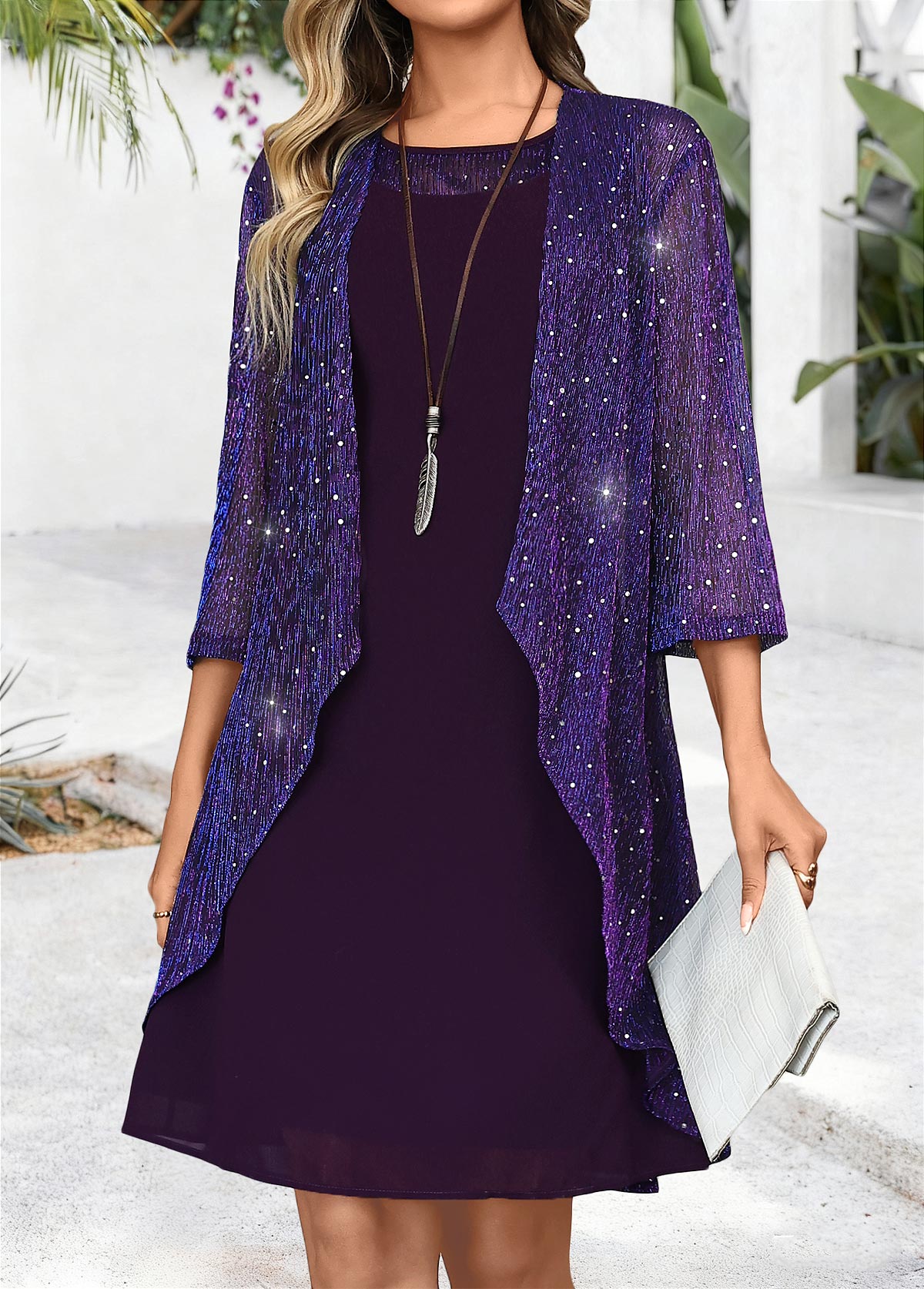 Dark Purple Tummy Coverage Long Sleeve Dress and Cardigan | picture 