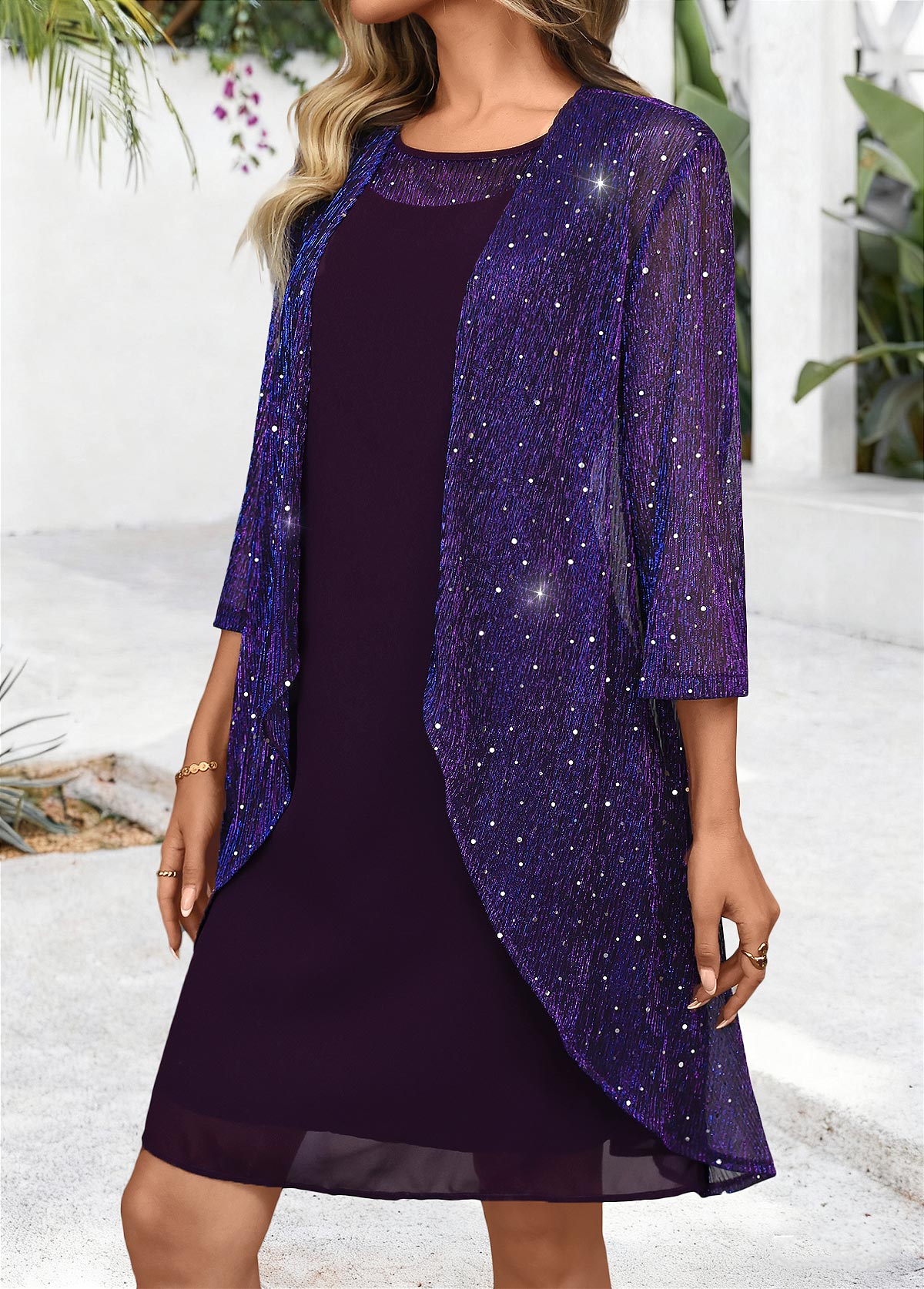 Dark Purple Tummy Coverage Long Sleeve Dress and Cardigan | picture 