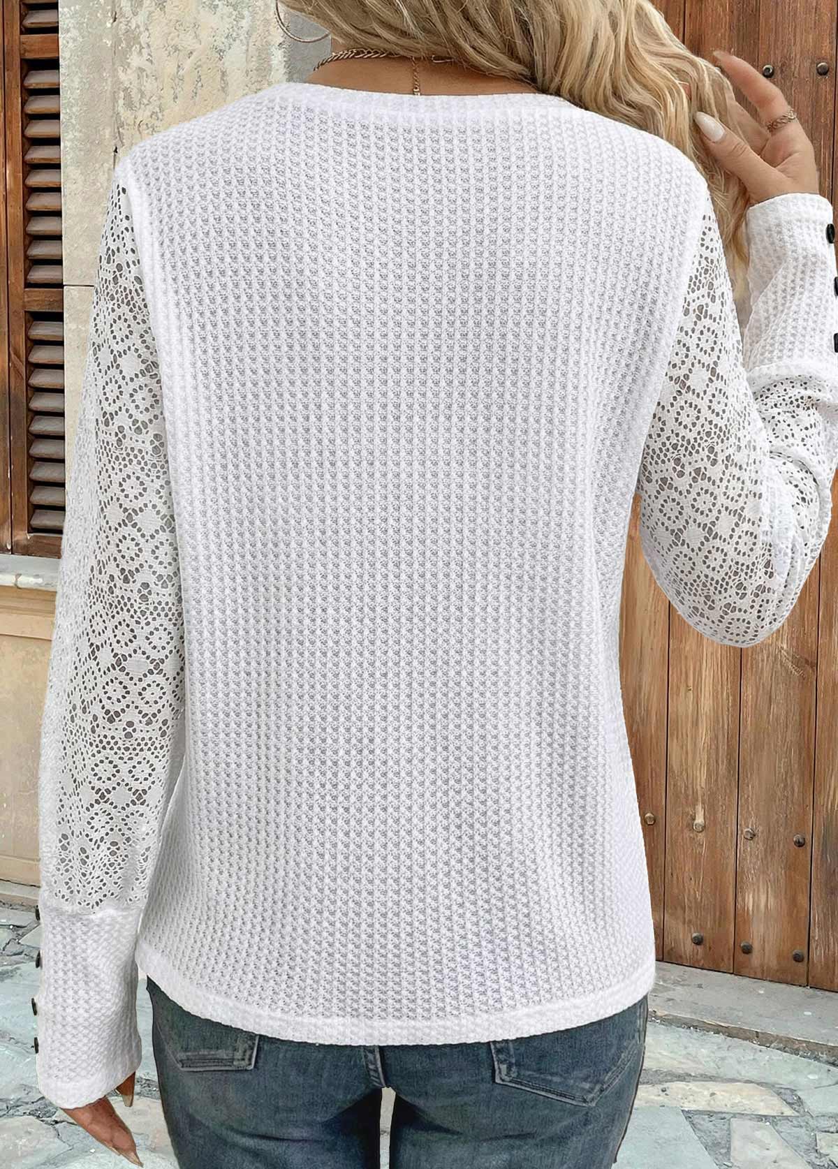 White Patchwork Long Sleeve Round Neck T Shirt | picture 