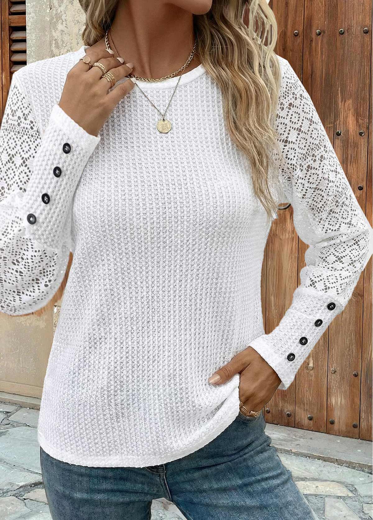 White Patchwork Long Sleeve Round Neck T Shirt | picture 
