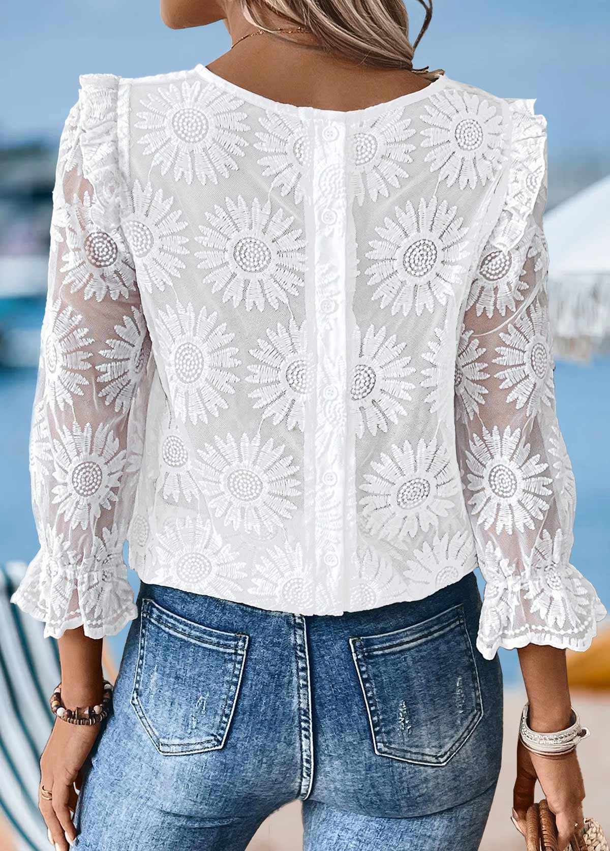 White Patchwork 3/4 Sleeve Round Neck Blouse | picture 
