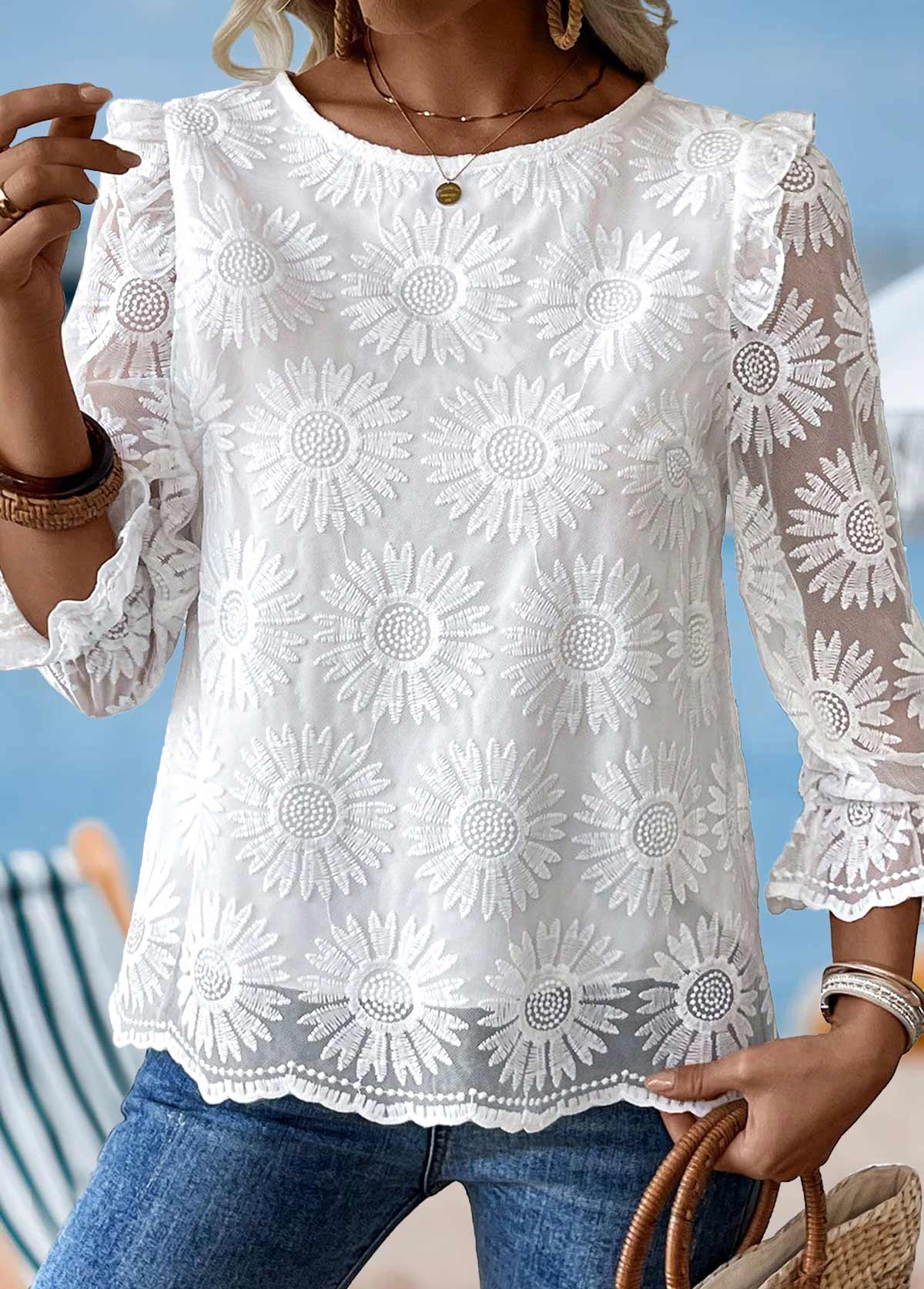 White Patchwork 3/4 Sleeve Round Neck Blouse | picture 