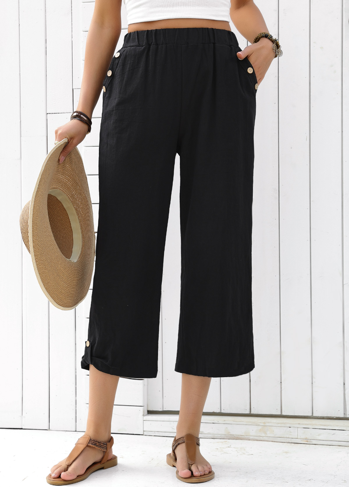 Modlily Black Button Detail Elastic Waist Wide Leg Pants - S