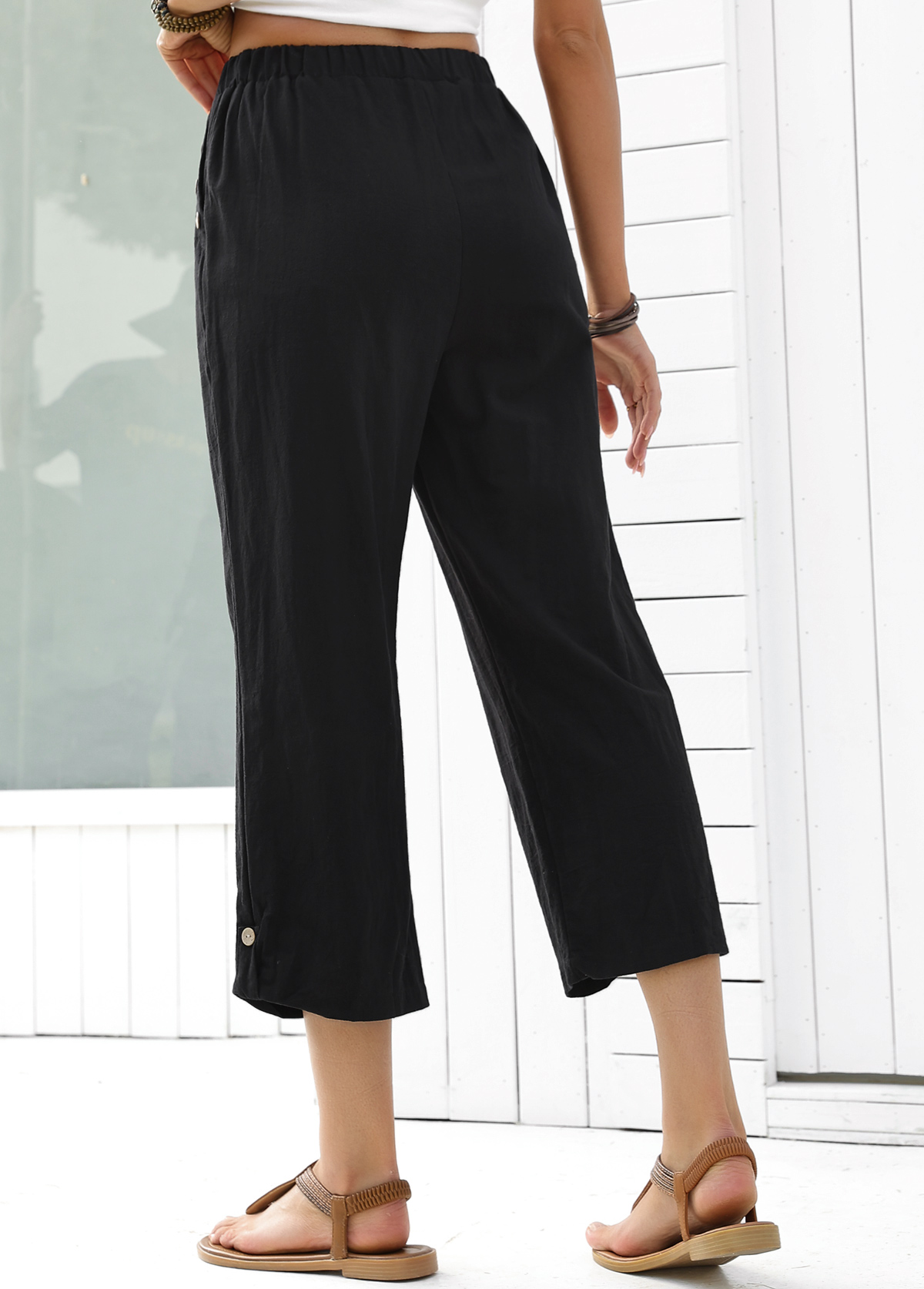 Black Straight Leg Elastic Waist High Waisted Pants | picture 