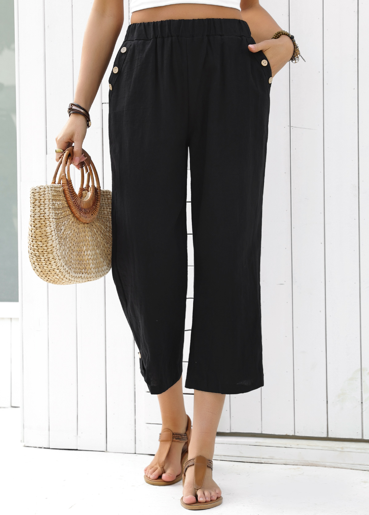 Black Straight Leg Elastic Waist High Waisted Pants | picture 
