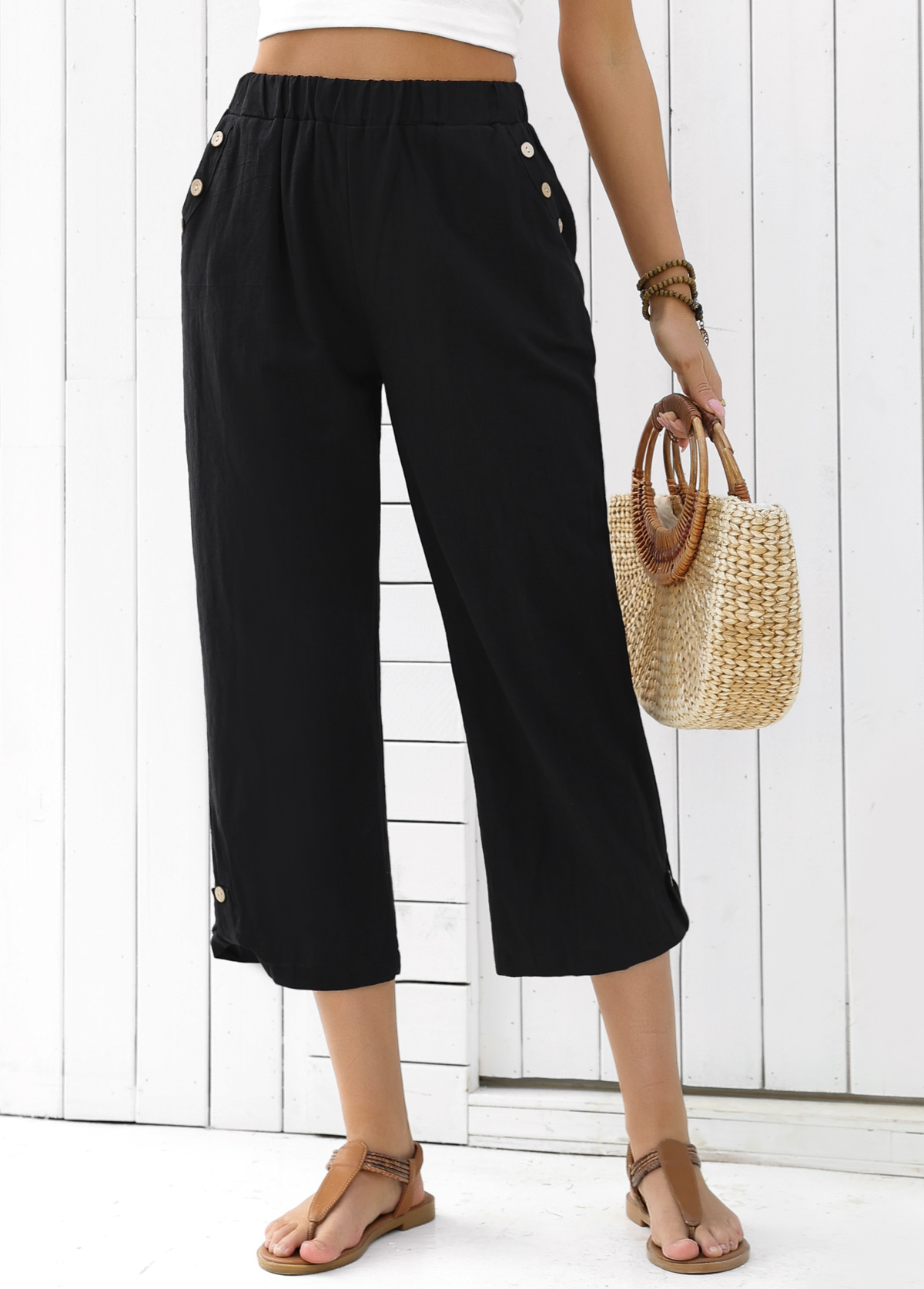 Black Straight Leg Elastic Waist High Waisted Pants | picture 