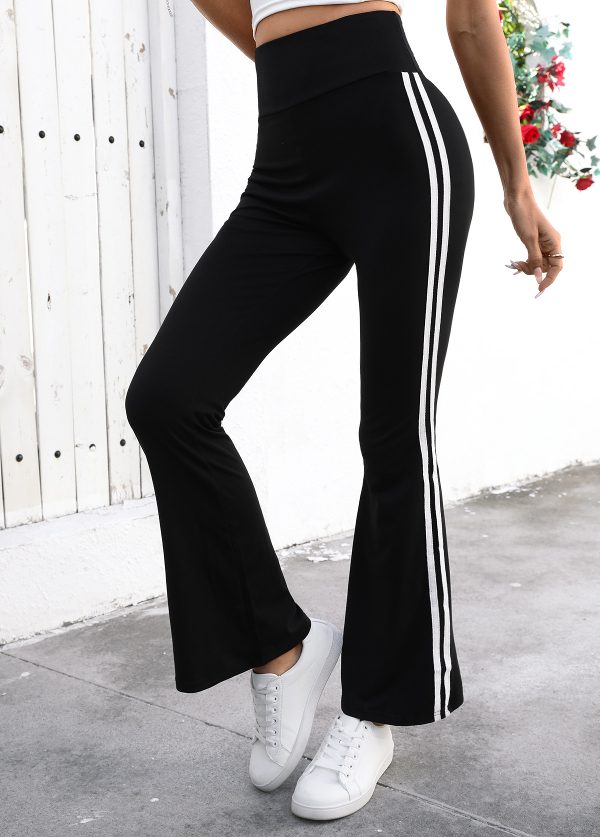 Black Striped Flare Leg Elastic Waist High Waisted Pants | picture 