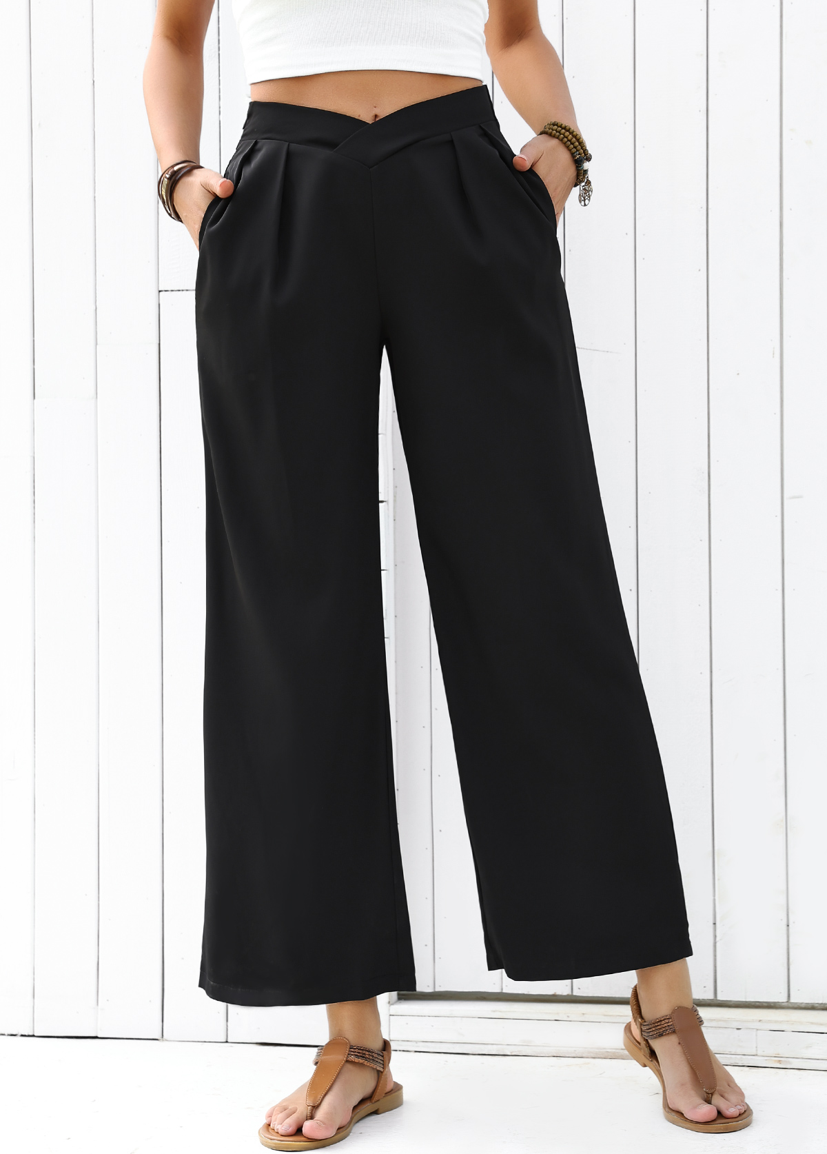 Black Flowy Wide Leg Elastic Waist High Waisted Pants | picture 