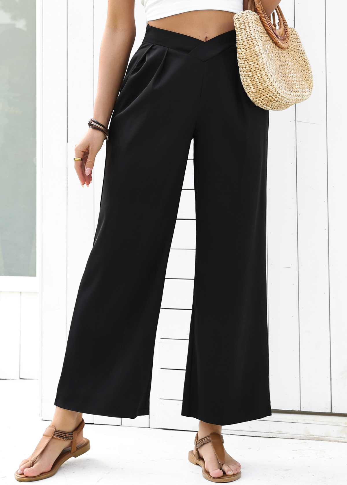 Black Flowy Wide Leg Elastic Waist High Waisted Pants | picture 