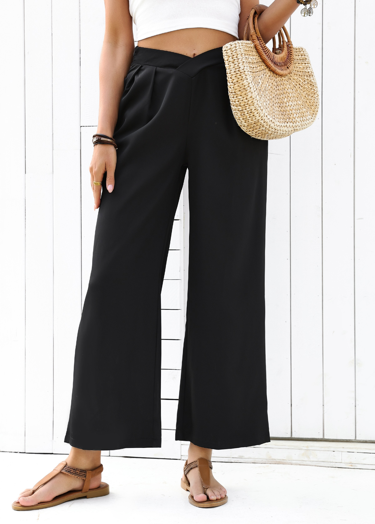 Black Flowy Wide Leg Elastic Waist High Waisted Pants | picture 